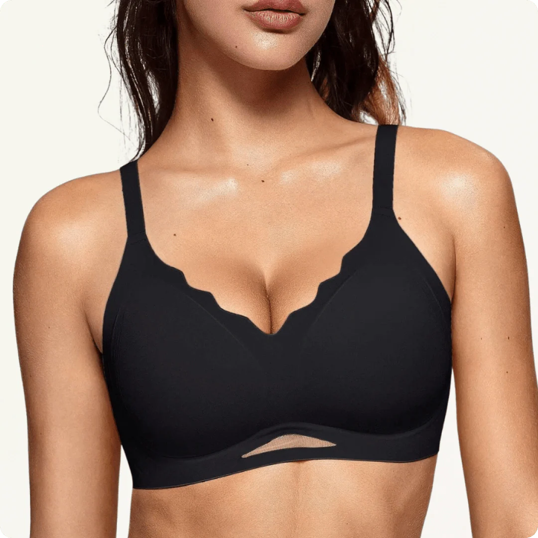 Wireless Scalloped V-Neck Mesh Push Up Bra