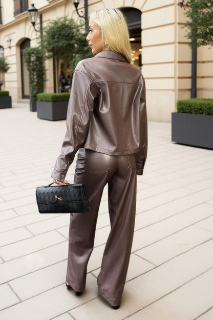 Chocolate Faux Leather Button Front Jacket