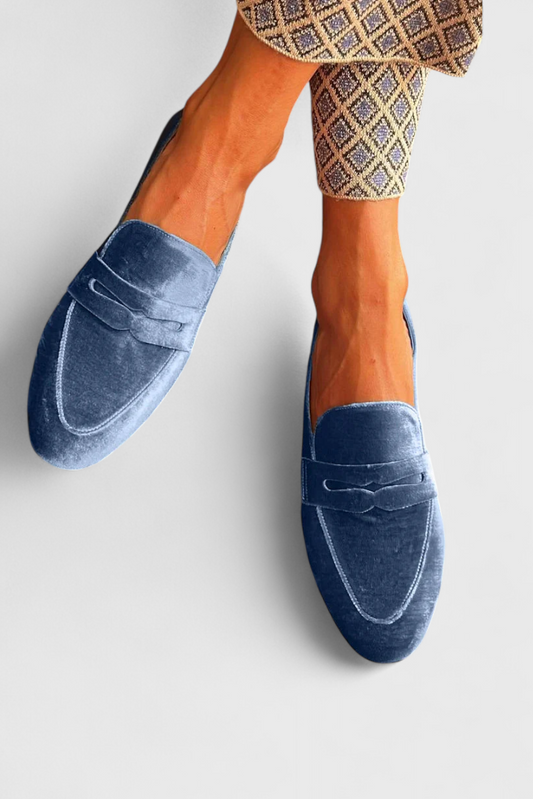 Linica Blue Velvet Loafers featuring Patchwork Accents and Rounded Toe