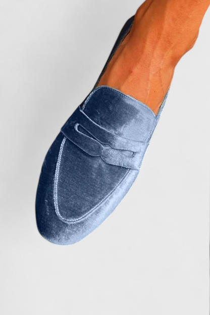 Linica Blue Velvet Loafers featuring Patchwork Accents and Rounded Toe