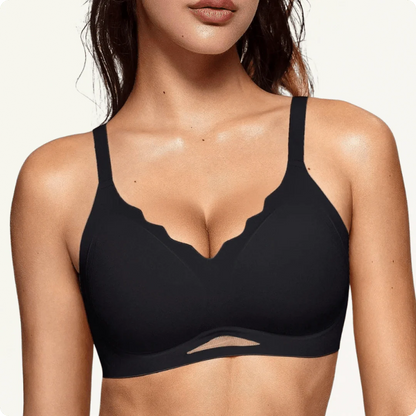 Wireless Scalloped V-Neck Mesh Push Up Bra